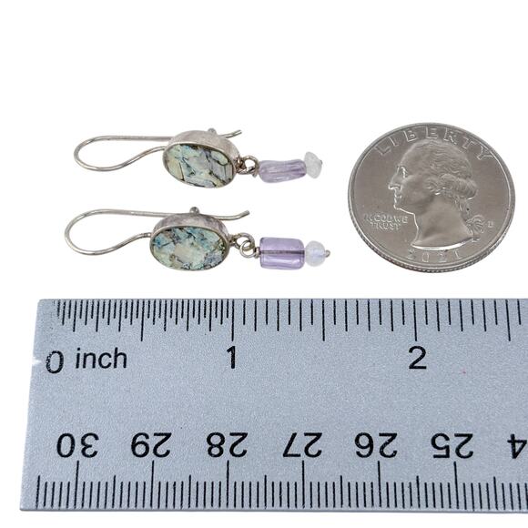 Estate Sterling Silver 925 Mosaic Glass Amethyst Quartz Earrings - Picture 6 of 7